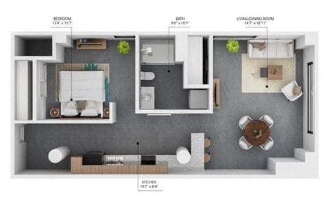Floor plan for 1 bed, 1 bath, 765 sqft